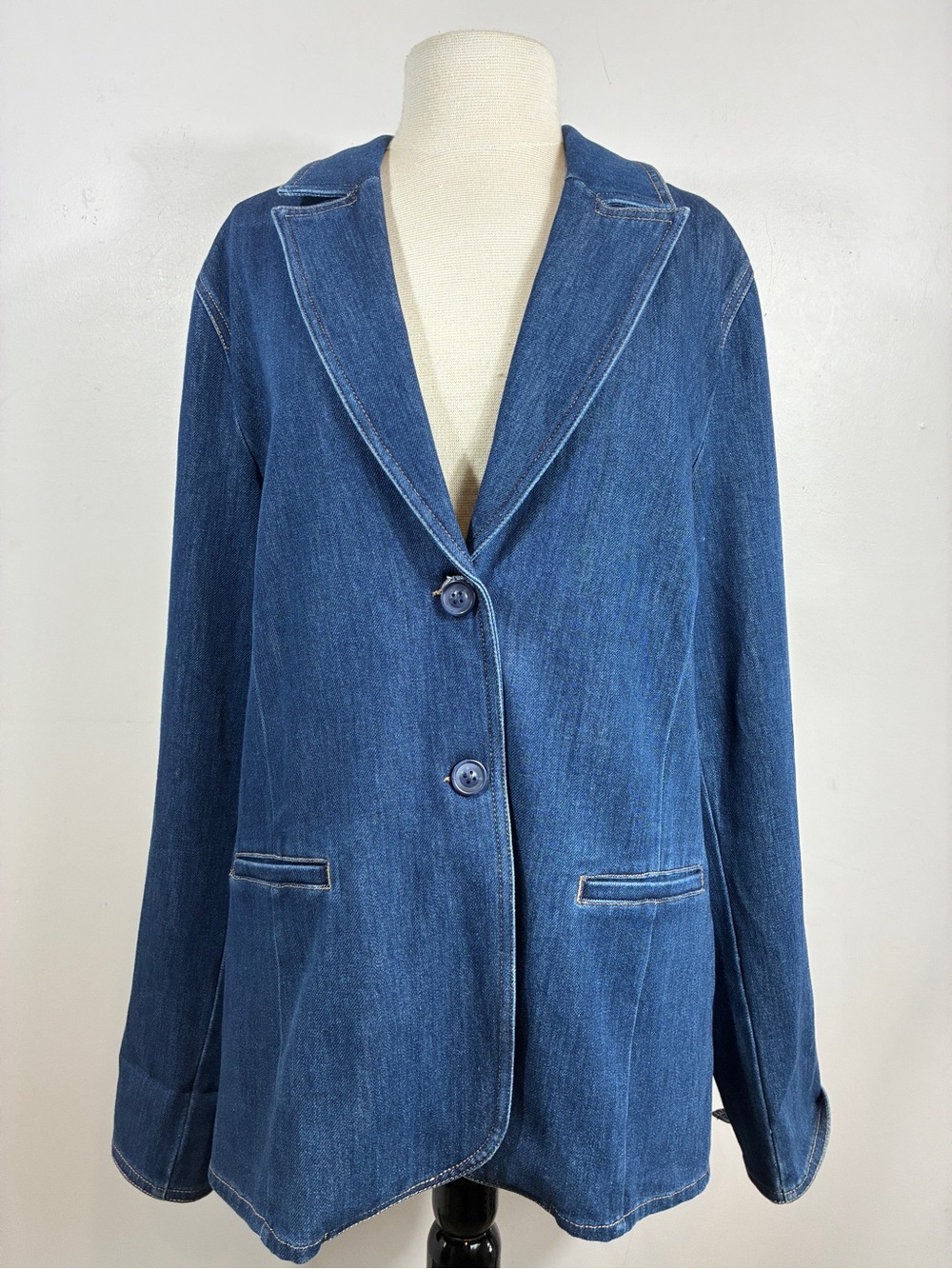 Level 99 Blue Denim Blazer Jacket Women XL NWT Two Button Notch Lapel Stretch